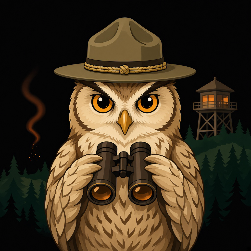 Ember Owl in a ranger hat with binoculars, a fire lookout and ridgeline behind